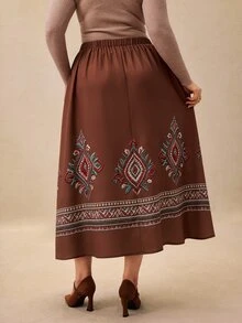 Écloséra Curve 大尺碼女款復古極簡印花鬆緊腰A字裙，適合波希米亞風、旅行度假、日常通勤、休閒購物 - 棕色 - 查看 2