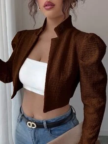 Elenzga 女款紋理針織面料立領長袖夾克，優雅洗練風格，適合感恩節、萬聖節、街頭穿搭，秋冬季新款薄款夾克 - 咖啡棕 - 查看 1