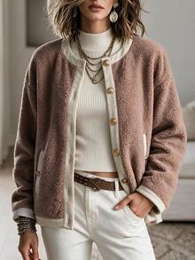 Louniche Women's Autumn/Winter Casual Slouchy Lambswool & Textured Fabric Patchwork Drop Shoulder Round Neck Regular Jacket, Suitable For Home, Outings, Walking And Shopping - Khaki - View 8