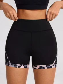 SHEIN Dewbera Women's High Waist Leopard Print Patchwork Sports Shorts - Multicolor - View 3
