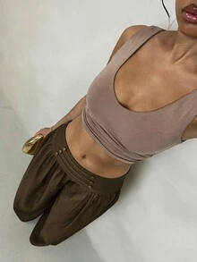 Glamine 復古低腰寬腿垂墜修身休閒女款長褲 - 棕色 - 查看 4