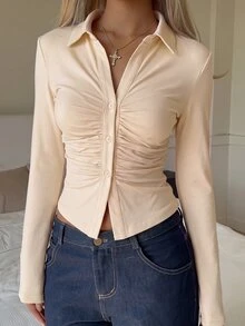 SHEIN EZwear 白色針織修身女款T恤 - 杏色 - 查看 3