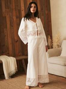 Lullawish Bohemian 100% Cotton V-Neck Lace Patchwork Long Sleeve Pants Pajama Set For Women - White - View 3