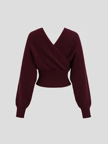 FavEase Women's Vintage Elegant Button Waist Long Sleeve Sweater - Burgundy - View 2