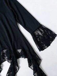 Modelyn Women's Slim Fit Ruffle Long Sleeve Lace Patchwork Seaweed Sticks Elegant Design Versatile Fashion Autumn Plus Size Black Top - Black - View 8