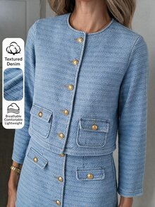 Easowa Setelan Jaket Lengan Panjang Kancing Elegan dan Rok Mini Denim untuk Wanita - Biru - View 7
