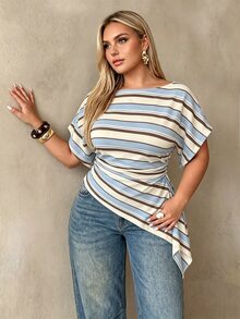 Auralis Plus Size Women's Solid Color Batwing Striped Pattern Short Sleeve Ruched Asymmetrical Hem Fashion T-Shirt - Suitable For Casual, Daily And Office Wear - Multicolor - View 5