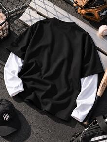 Sport MetroGents Men's Letter Graphic 2 In 1 Patchwork Casual Daily Sports T-Shirt - Black - View 2