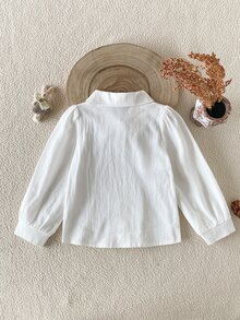 SHEIN 1件少女白色純棉柔軟舒適面料翻領鈕扣長袖襯衫上衣，優雅休閒極簡時尚POLO領泡泡袖法式風上衣，適合春秋日常出遊百搭穿搭 - 白色 - 查看 2