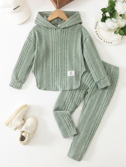 SHEIN Genkimix Kids Girls' Ribbed Knit Hooded 2 Pieces Set, Autumn/Winter Korean Style Soft Skin-Friendly Elastic Vertical Ribbed Outfit, Casual Minimalist Style, Hooded Design Adds Fashionable Touch, Suitable For 4-8 Years Old Toddlers, Perfect For Daily Wear, Home, Outdoor Outings, Versatile And Practical