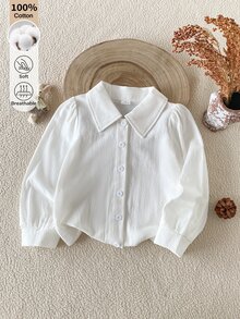 SHEIN 1件少女白色純棉柔軟舒適面料翻領鈕扣長袖襯衫上衣，優雅休閒極簡時尚POLO領泡泡袖法式風上衣，適合春秋日常出遊百搭穿搭 - 白色 - 查看 4