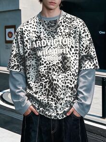 Manfinity Dauomo Men's Leopard Print Letter Graphic 2 In 1 Patchwork Casual Everyday T-Shirt - Grey - View 3