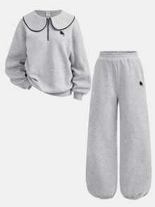 SHEIN 青少年女孩連帽衫與運動衫套裝 秋冬灰色保暖內裡水手領拼接長袖運動衫與慢跑褲，休閒百搭學院風 2 件套 - 淺灰色 - 查看 3