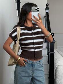 Siren Gaze Atasan Rajut Kasual Harian Wanita dengan Motif Blok Warna - Coffee Brown - View 7