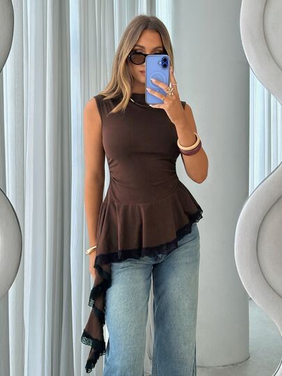 Siren Gaze Fall Women's Mocha Brown Casual Y2K Sexy Lace Trim Patchwork Knit T-Shirt, Going Out Top Night Out Sleeveless Vacation Halloween Wedding Party Black