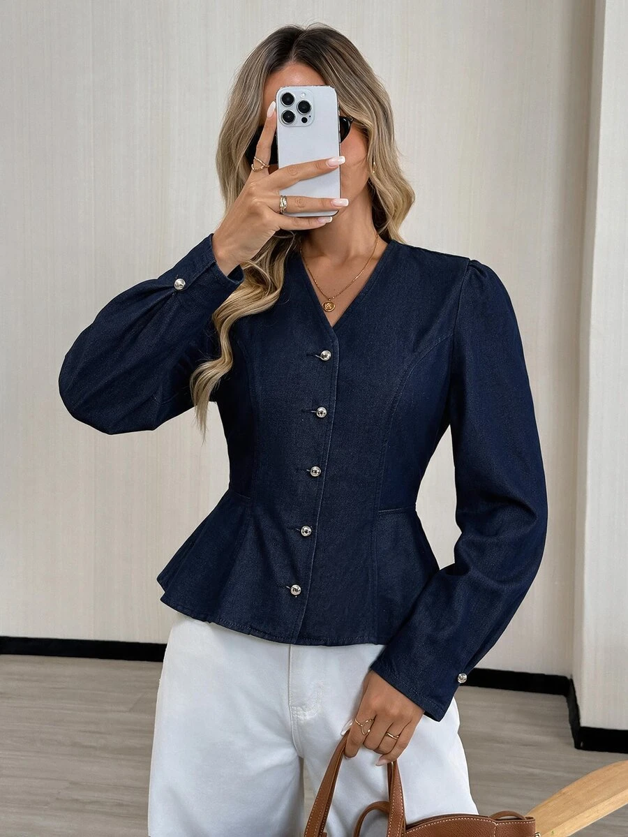 Easowa Women's Single-Breasted Casual Daily Denim Top - Blue - View 1