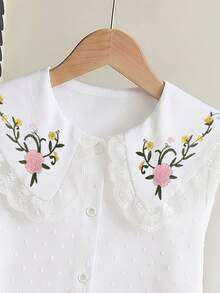 SHEIN Casuvi Kids 秋冬季少女上衣，蕾絲飾邊大領花卉刺繡提花波點長袖襯衫，甜美淑女風上衣 - 彩色 - 查看 4