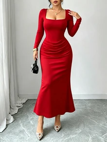 Selianne New Solid Color Women's Square Neck Long Sleeve Waist Ruched Pleated Design Slim Fit Tall & Slender Versatile Elegant Elegant Midi Dress - Red - View 5