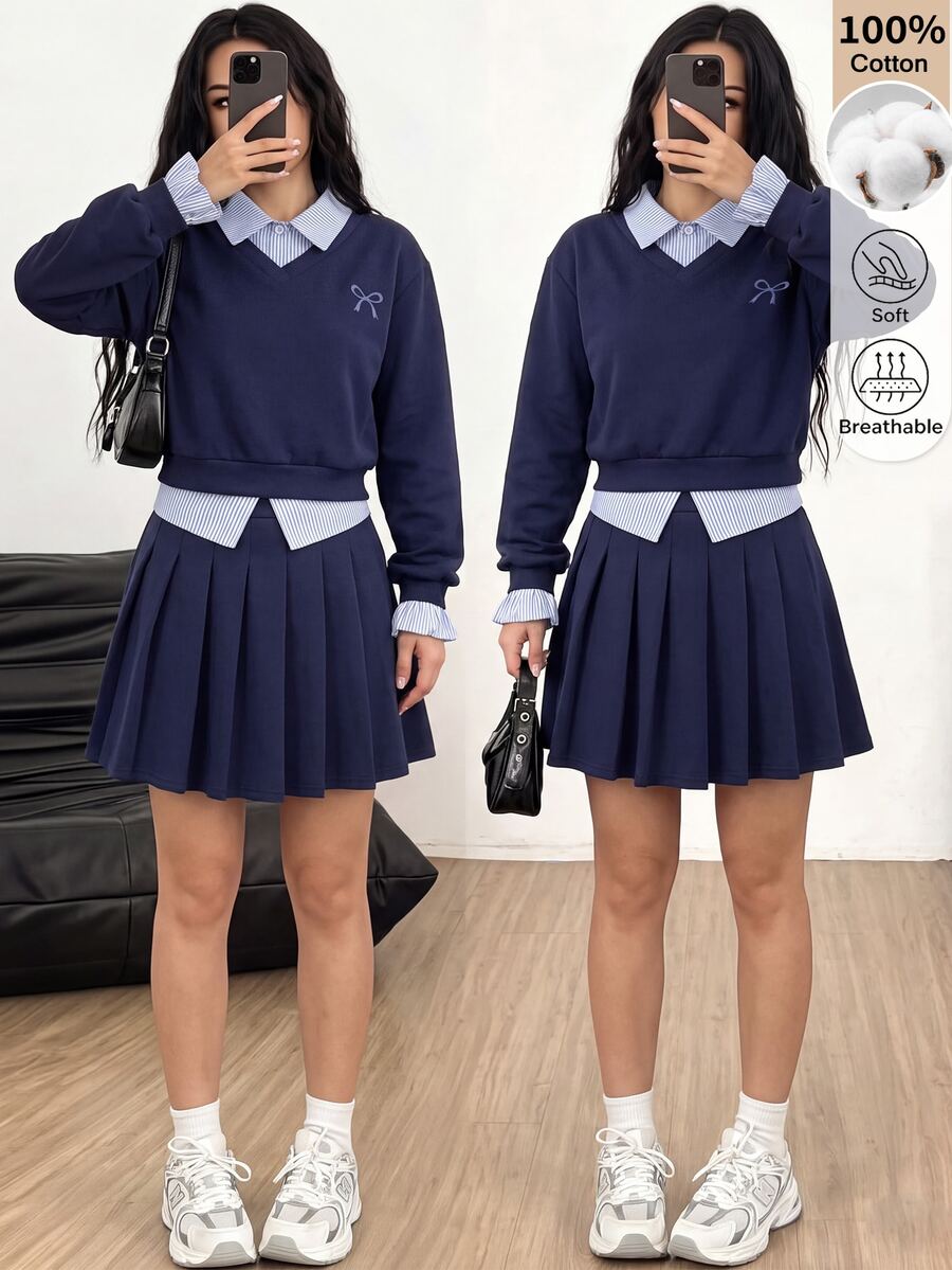 SHEIN 青少年女孩秋冬學院風兩件套,基本款海軍藍領口運動衫搭配條紋襯衫拼接設計與海軍藍針織裙,時尚甜美休閒穿搭,適合上學、外出與玩樂 - 藏蓝色 - 查看 1