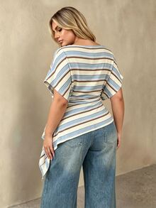 Auralis Plus Size Women's Solid Color Batwing Striped Pattern Short Sleeve Ruched Asymmetrical Hem Fashion T-Shirt - Suitable For Casual, Daily And Office Wear - Multicolor - View 2