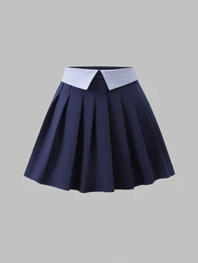 SHEIN 青少年女孩秋冬學院風兩件套，基本款海軍藍領口運動衫搭配條紋襯衫拼接設計與海軍藍針織裙，時尚甜美休閒穿搭，適合上學、外出與玩樂 - 藏蓝色 - 查看 5