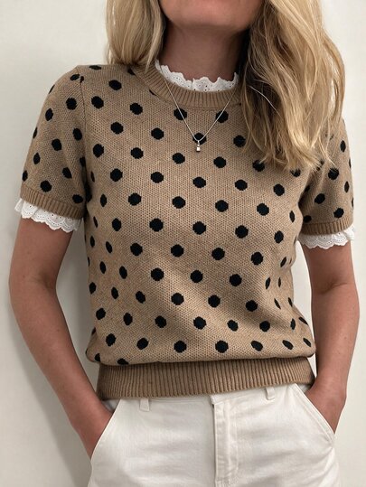 SHEIN LUNE Suéter de punto tipo pullover para mujer, nuevo, casual y elegante, color caqui con lunares, patchwork de encaje, manga corta, moda otoño/invierno