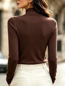 SHEIN Vintage Coffee Brown Semi-High Neck Long Sleeve Fitted Top For Women With Diagonal Pleated Shoulder Metal Buckle Design, Slimming Ruched Pullover Blouse, Minimalist Elegant Niche Design, Inner Layer Or Outer Wear - Brown - View 2