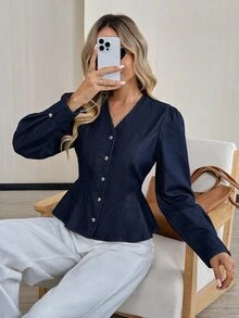 Easowa Women's Single-Breasted Casual Daily Denim Top - Blue - View 6