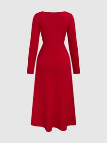 Selianne New Solid Color Women's Square Neck Long Sleeve Waist Ruched Pleated Design Slim Fit Tall & Slender Versatile Elegant Elegant Midi Dress - Red - View 2