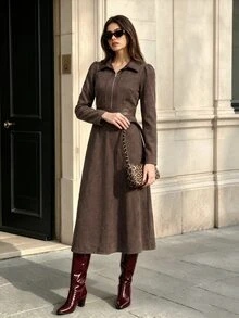 SHEIN Essnce فستان نسائي موضة بتصميم رقعات وسحاب بطول متوسط - بني - مشاهدة 5