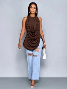 SOLERSUN Women's Summer Halter Cowl Neck Draped Ruched Top Side Slit Asymmetrical Hem Daily Y2K Casual Top - Coffee Brown - View 3