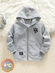 SHEIN 小男孩街頭風字母印花拉鍊連帽衛衣，休閒舒適，柔軟面料 - 淺灰色 - 查看 3