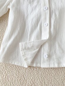 SHEIN 1件少女白色純棉柔軟舒適面料翻領鈕扣長袖襯衫上衣，優雅休閒極簡時尚POLO領泡泡袖法式風上衣，適合春秋日常出遊百搭穿搭 - 白色 - 查看 8