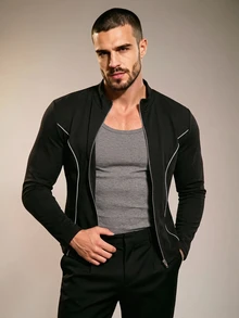 ZURIURI Men's Fashion Striped Colorblock Zip-Up Long Sleeve Jacket - Multicolor - View 3