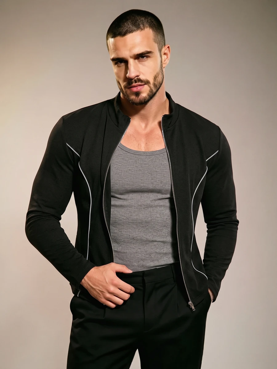 ZURIURI Men's Fashion Striped Colorblock Zip-Up Long Sleeve Jacket - Multicolor - View 1