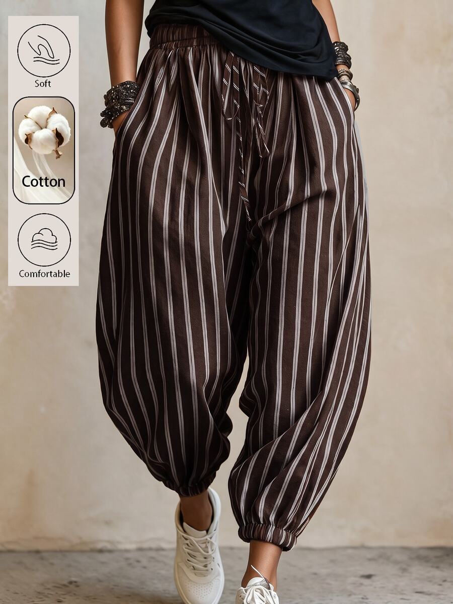 SHEIN Women's French Vintage Brown Vertical Striped Casual Lantern Pants With Drawstring Decor, Elastic Waist, Slimming, Daily Commute Long Pants - Coffee Brown - View 1