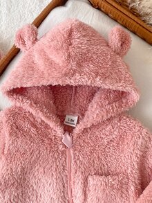 SHEIN 新生女嬰秋冬款粉色珊瑚絨連腳連身衣 0-12個月 3D熊耳連帽連身衣 - 粉色 - 查看 8