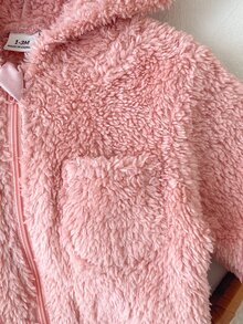 SHEIN 新生女嬰秋冬款粉色珊瑚絨連腳連身衣 0-12個月 3D熊耳連帽連身衣 - 粉色 - 查看 5