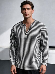 TONEVAULT Men Vertical Stripe Henley Neck Long Sleeve Shirt, Smart Casual Style, Spring Autumn, Daily Office Street Vacation, Loose Fit - Black and White - View 6