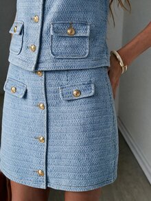 Easowa Setelan Jaket Lengan Panjang Kancing Elegan dan Rok Mini Denim untuk Wanita - Biru - View 8