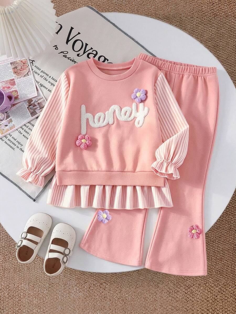 SHEIN Casuvi Kids 女童秋季兩件套,條紋拼接荷葉邊假兩件長袖上衣搭配花卉喇叭褲,可愛風 - 彩色 - 查看 1