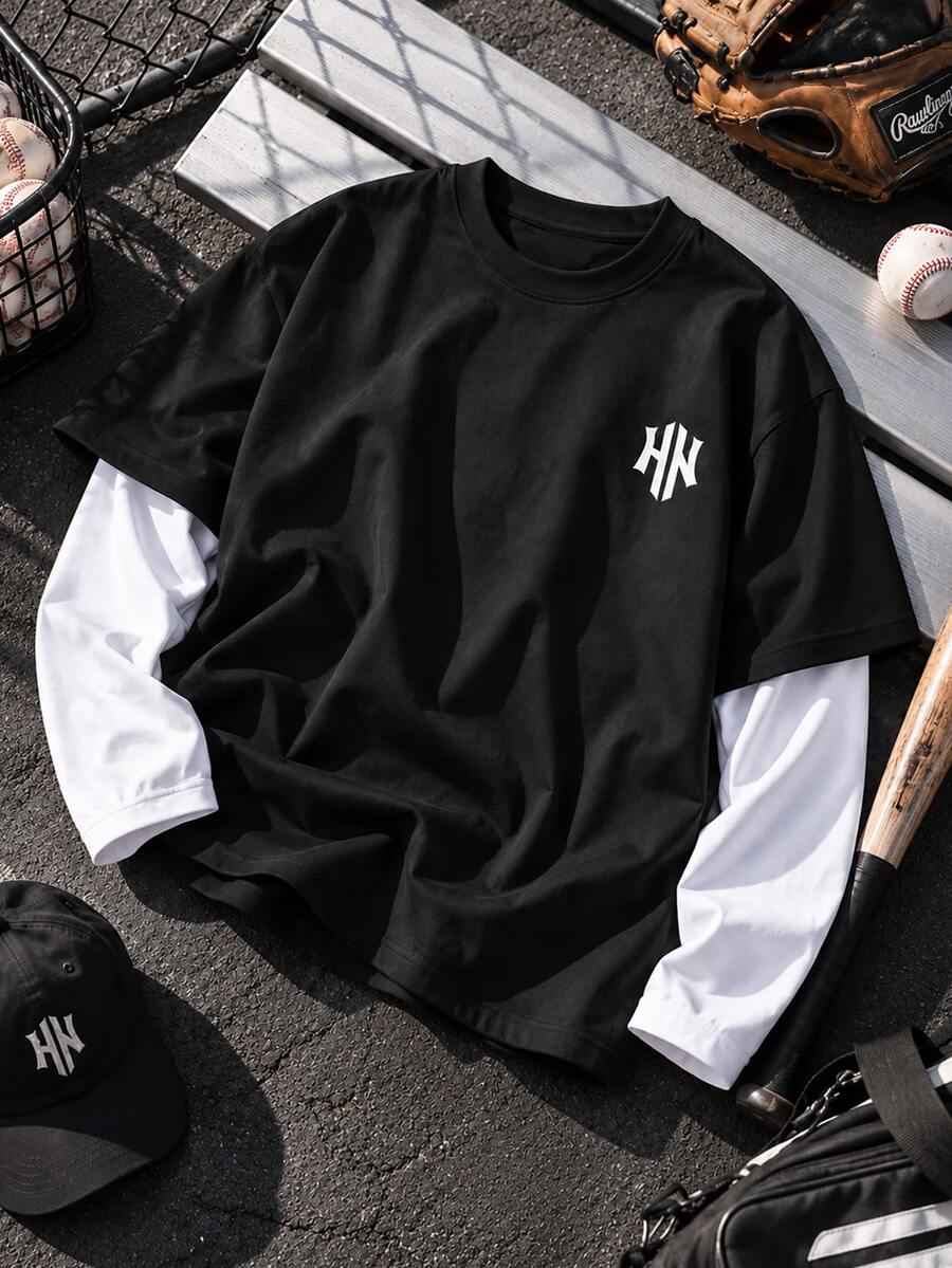 Sport MetroGents Men's Letter Graphic 2 In 1 Patchwork Casual Daily Sports T-Shirt - Black - View 1