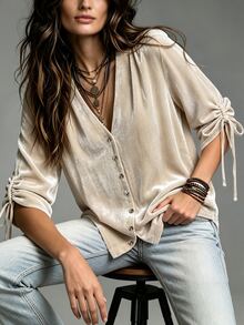 Linhara CURVE Women's Plus Size Champagne Solid Color Velvet V-Neck Button-Down Cardigan, Drawstring Tie 3/4 Sleeve Loose Fit Slimming Top, Casual Outdoor Top For Autumn/Winter - Apricot - View 6