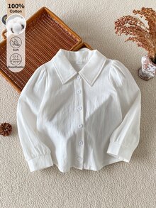 SHEIN 1件少女白色純棉柔軟舒適面料翻領鈕扣長袖襯衫上衣，優雅休閒極簡時尚POLO領泡泡袖法式風上衣，適合春秋日常出遊百搭穿搭 - 白色 - 查看 3