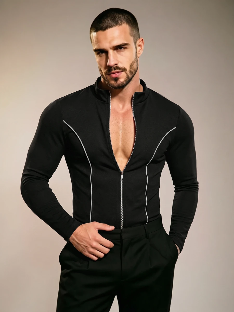 ZURIURI Men's Fashion Striped Colorblock Zip-Up Long Sleeve Jacket - Multicolor - View 1