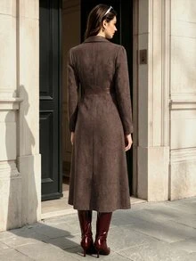 SHEIN Essnce فستان نسائي موضة بتصميم رقعات وسحاب بطول متوسط - بني - مشاهدة 3