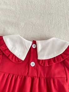 SHEIN 1件女嬰長袖洋裝，甜美紅白色櫻桃刺繡飾邊，荷葉邊袖口，彼得潘領，適合假日派對、秋季婚禮賓客，A字版型 - 紅色 - 查看 5