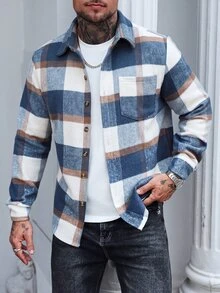 Manfinity Homme 男士街頭風格格紋鈕扣長袖大衣 - 藍色 - 查看 1