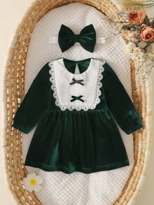 SHEIN 女嬰天鵝絨長袖洋裝，蕾絲領與蝴蝶結裝飾 A 字裙，新生兒秋冬休閒派對套裝 - 墨綠色 - 查看 7