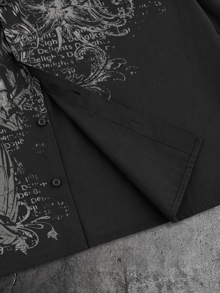 ROMWE MEN Men's Dark Gothic Print Loose Fit Shirt - Black - View 4